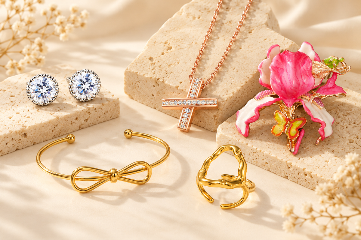 Everyday jewellery at ₹1,000 or below: zirconia studs, necklace, bow bracelet, ring and pink enamel brooch