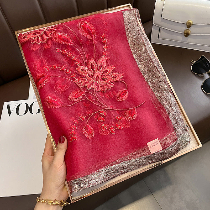 Regal Cherry Embroidered Silk Stole