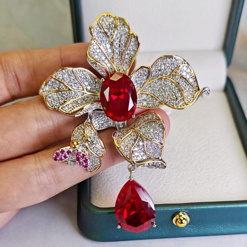 Ruby Flower Zirconia Brooch