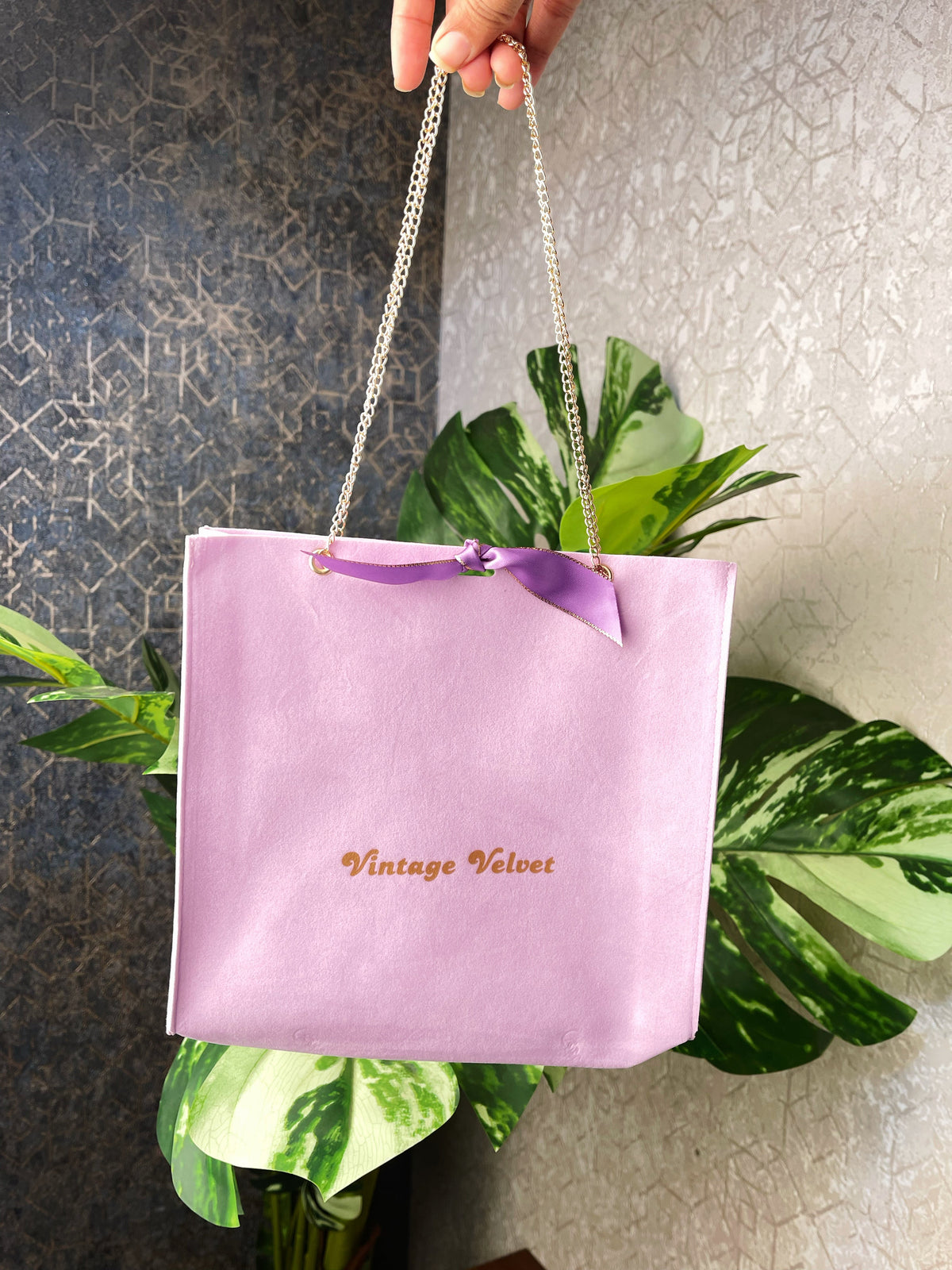 Lilac suede gift bag original ribbon product photograph