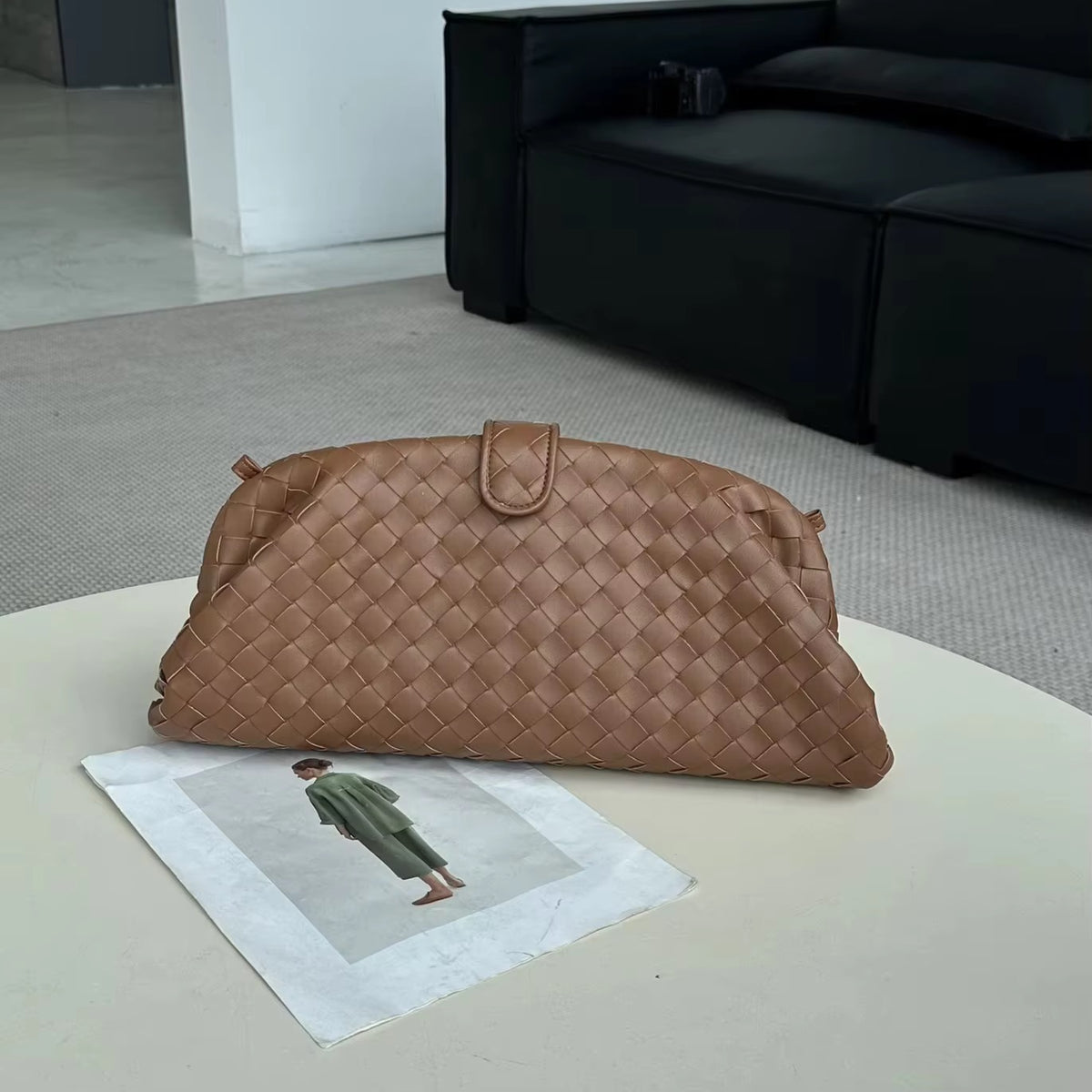 Celeste Woven Vegan Leather Baguette Bag (Khaki)