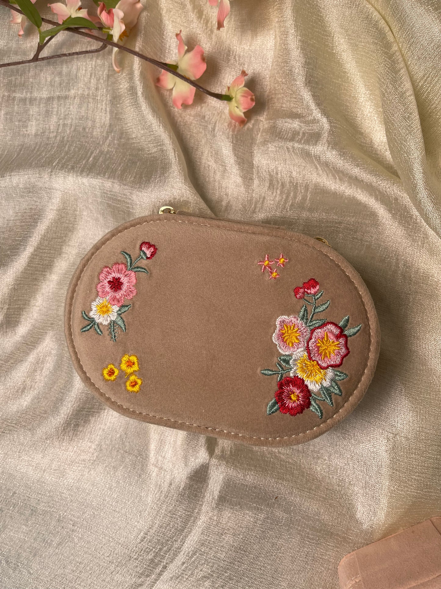 Pine Embroidered Oval Jewelry Box