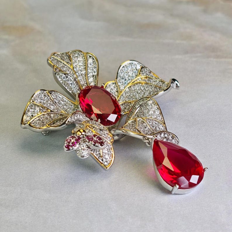 Ruby Flower Zirconia Brooch