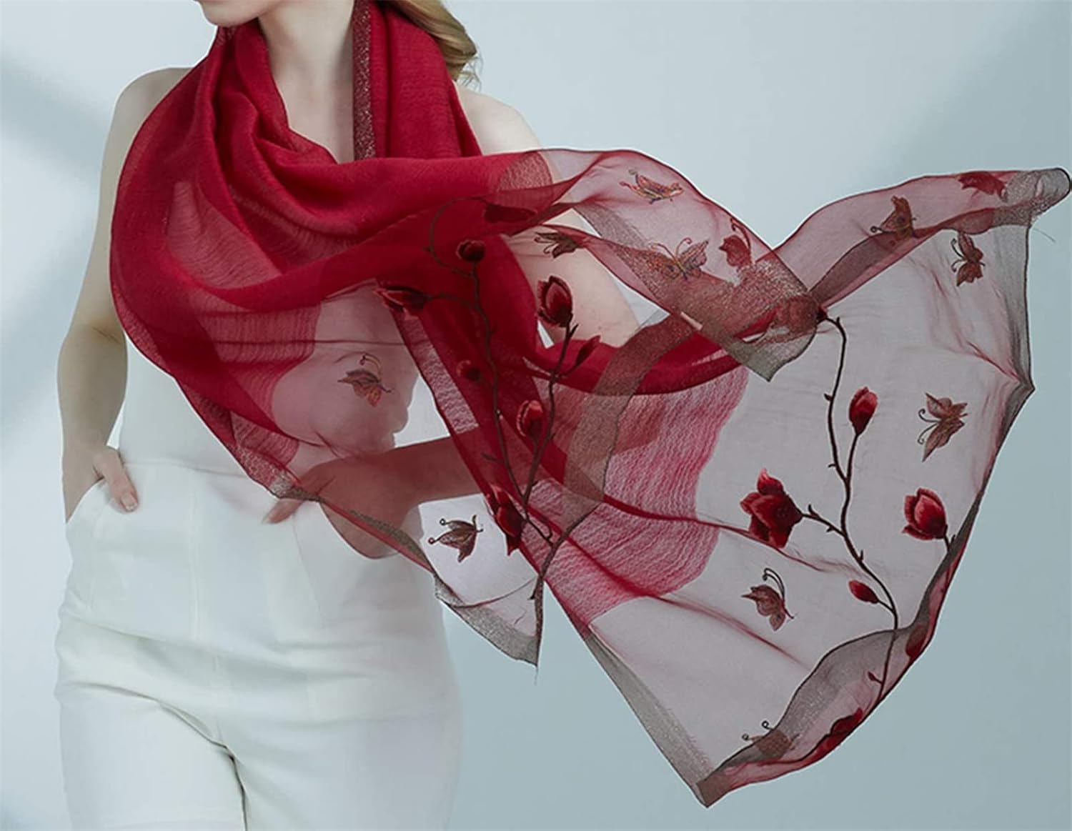 Esteem Cherry Embroidered Silk Stole