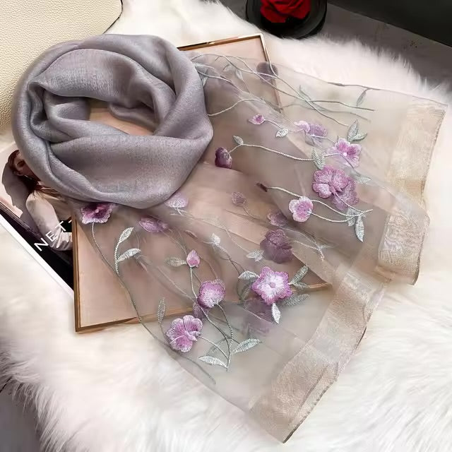 Noble Steel Embroidered Silk Stole