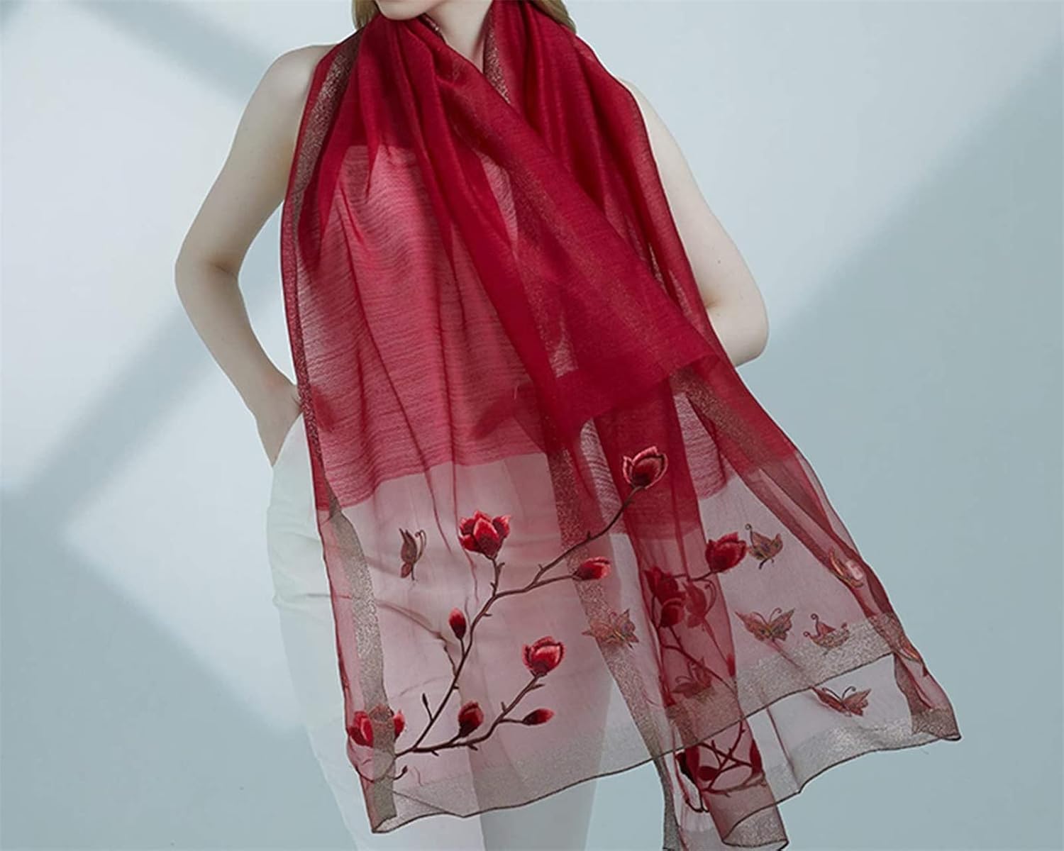 Esteem Cherry Embroidered Silk Stole