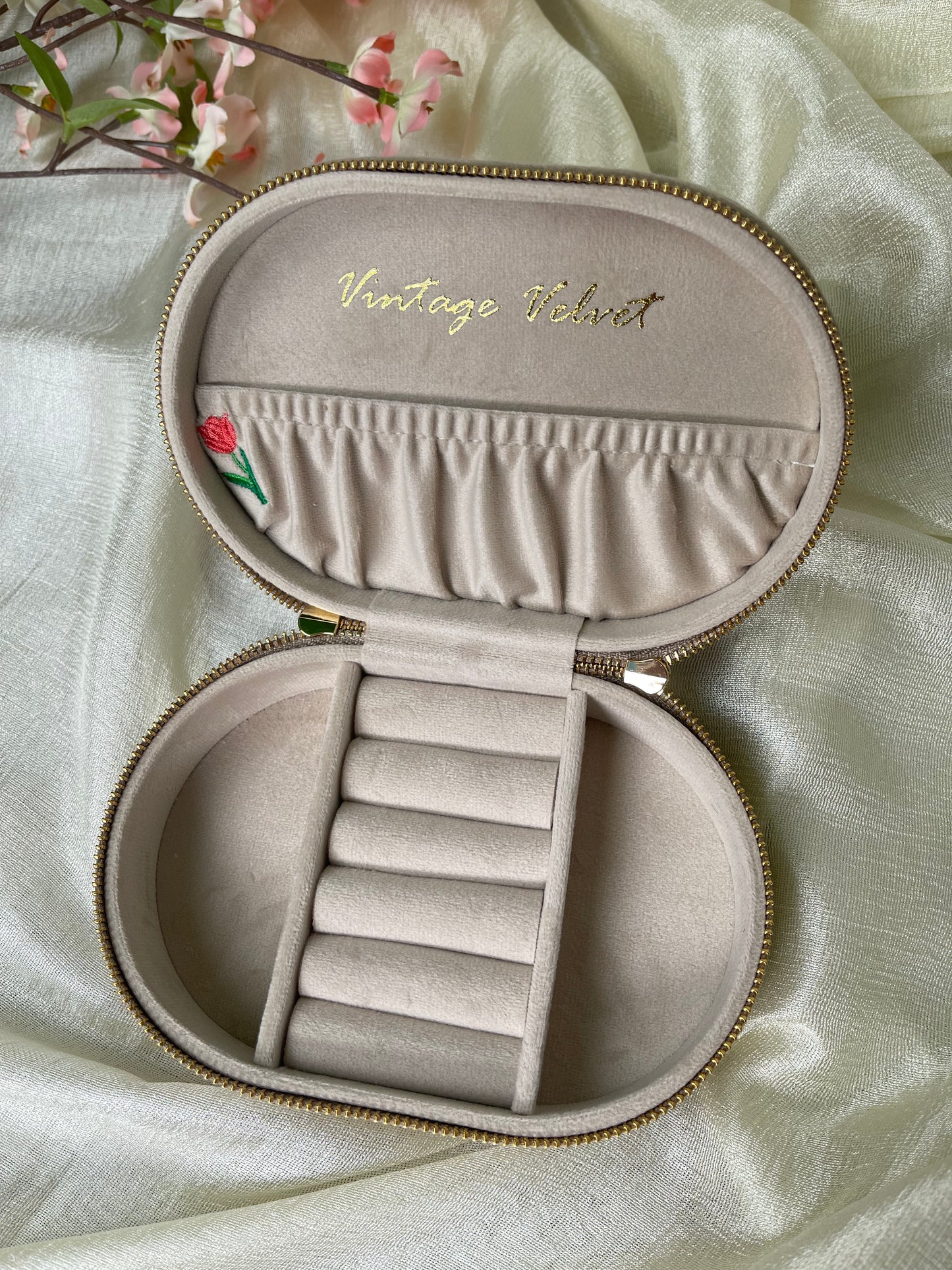 Pine Embroidered Oval Jewelry Box
