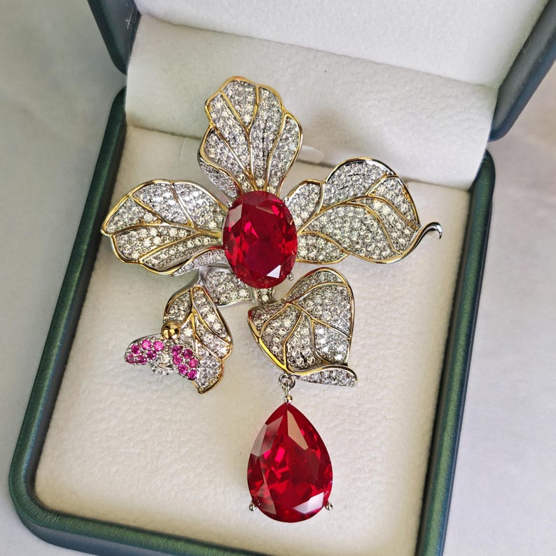 Ruby Flower Zirconia Brooch