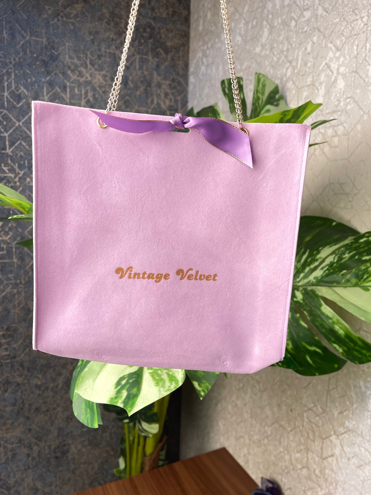 Vintage Velvet lilac suede gift bag ribbon closure detail