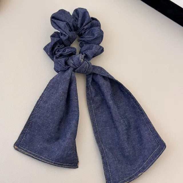 Denim Bow Ribbon Scrunchie