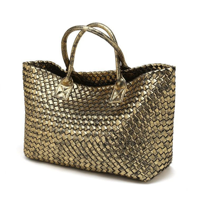Janice Metallic Vegan Leather Tote Handbag (Gold)