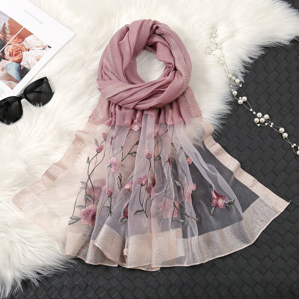 Noble Periwinkle Embroidered Silk Scarf