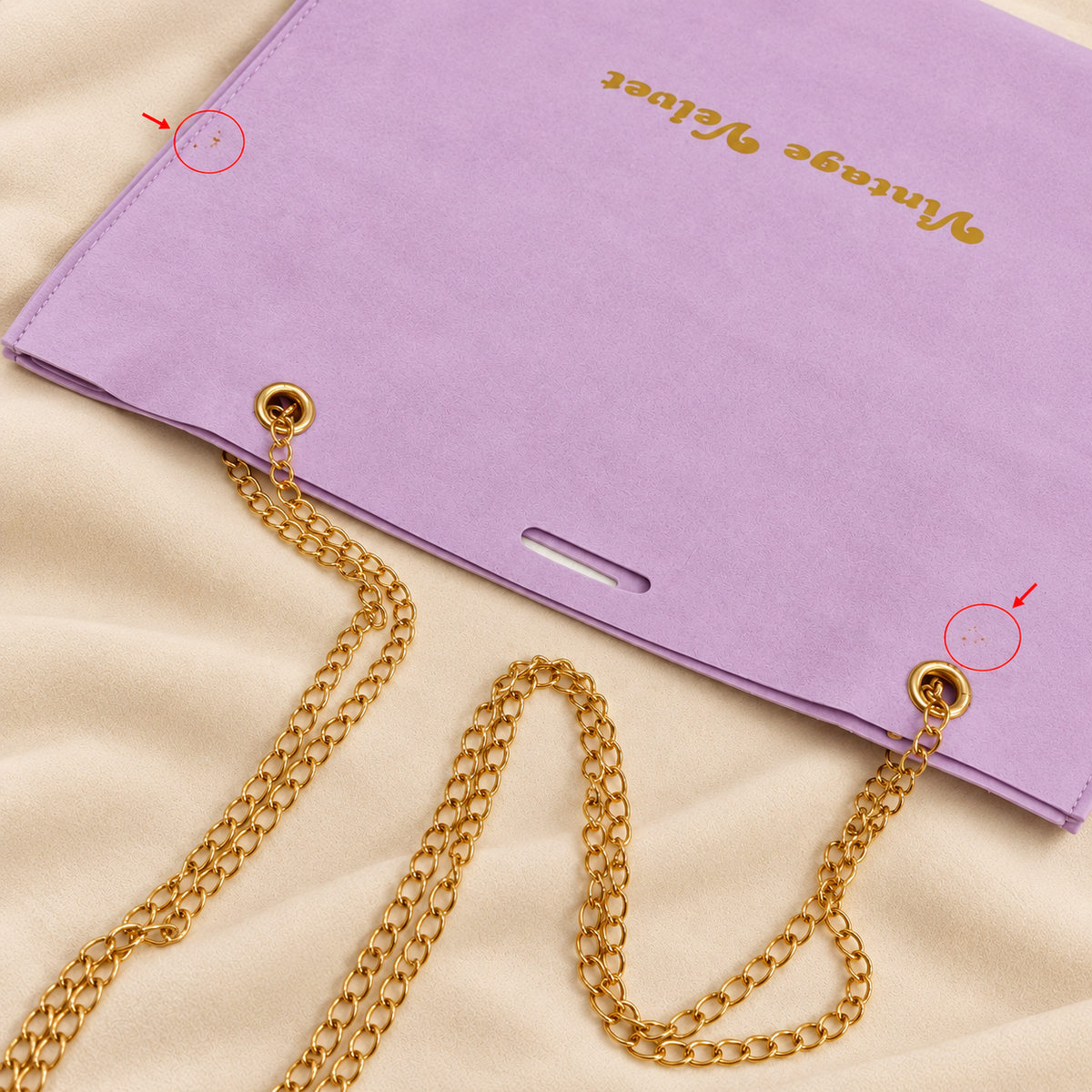 Lilac suede gift bag – visible cosmetic imperfection example