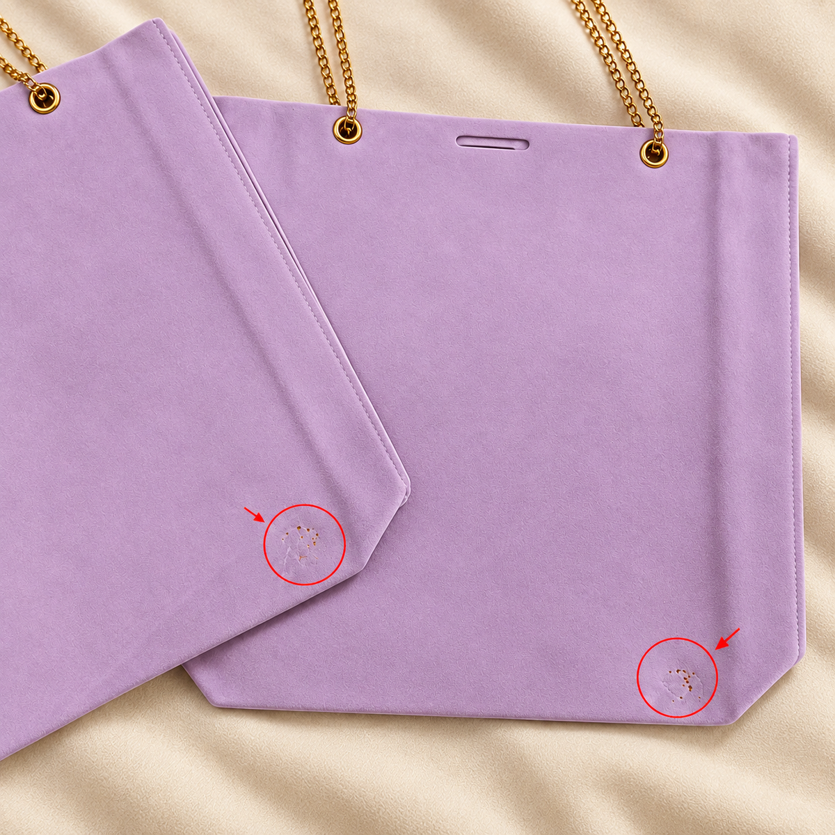 Lilac suede gift bag – minor cosmetic imperfection example