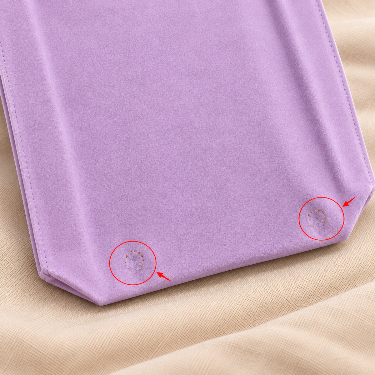 Lilac suede gift bag – minor cosmetic imperfection example