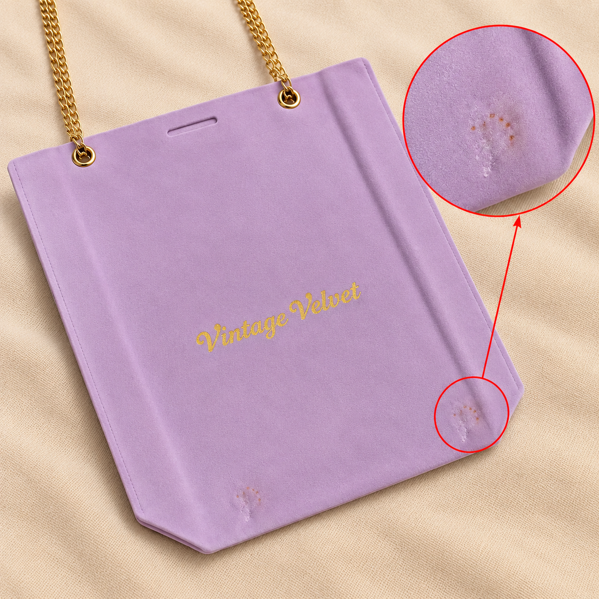 Lilac suede gift bag – minor cosmetic imperfection example