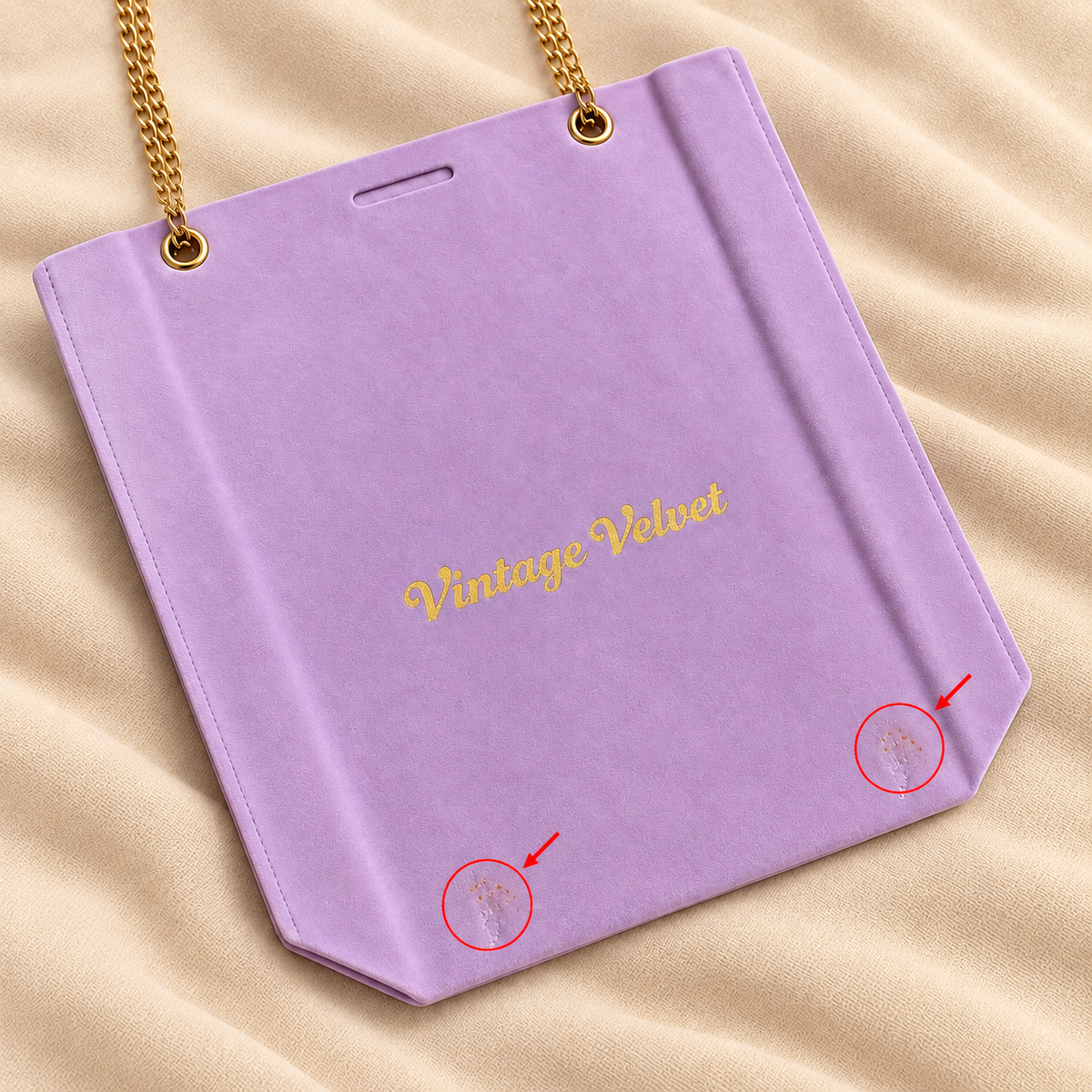 Lilac suede gift bag – minor cosmetic imperfection example