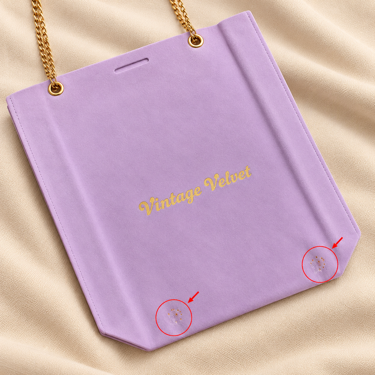 Lilac suede gift bag – visible cosmetic imperfection example