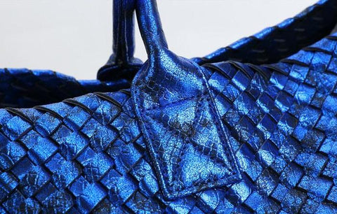 Janice Metallic Vegan leather Tote Handbag (Blue)