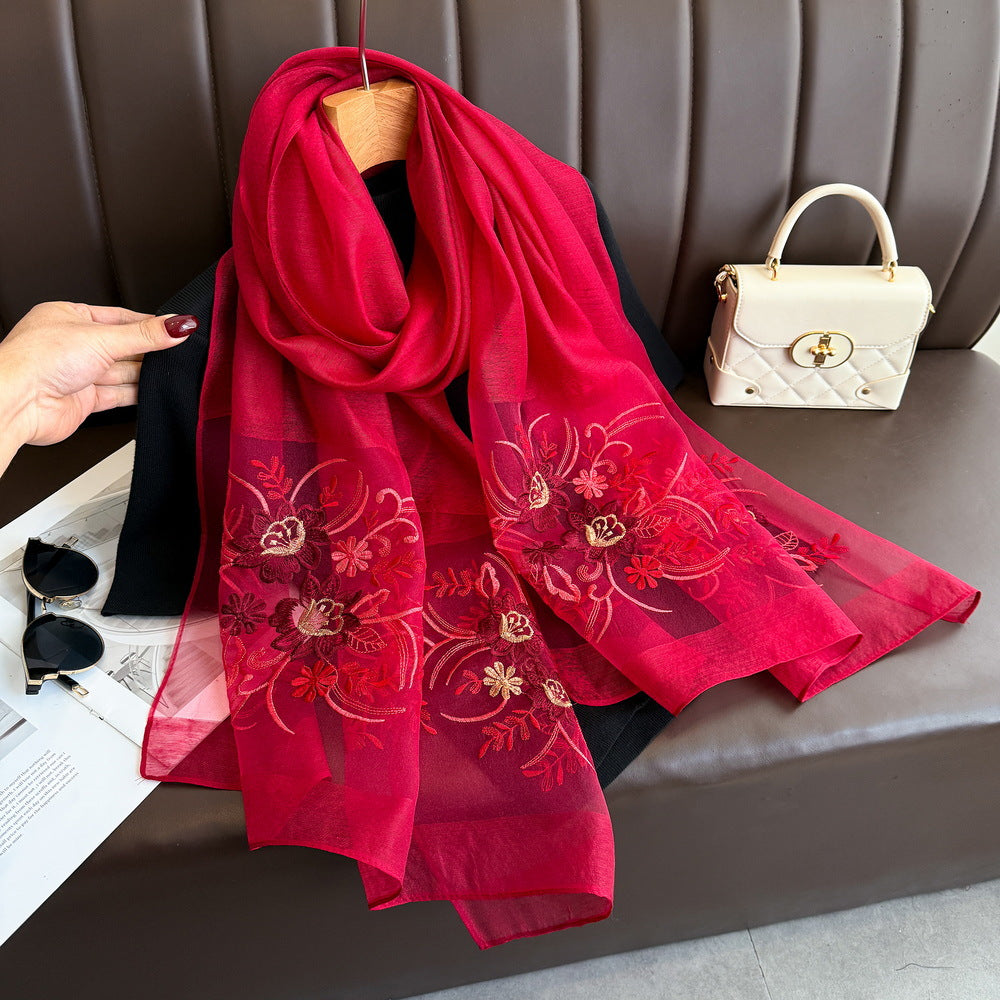 Flowery Cherry Embroidered Silk Stole