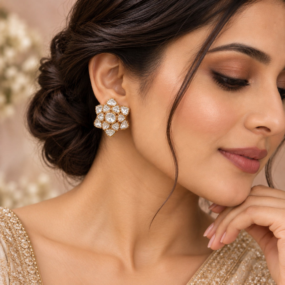 Aarzoo Moissanite Polki Uncut Cluster Indian Earrings