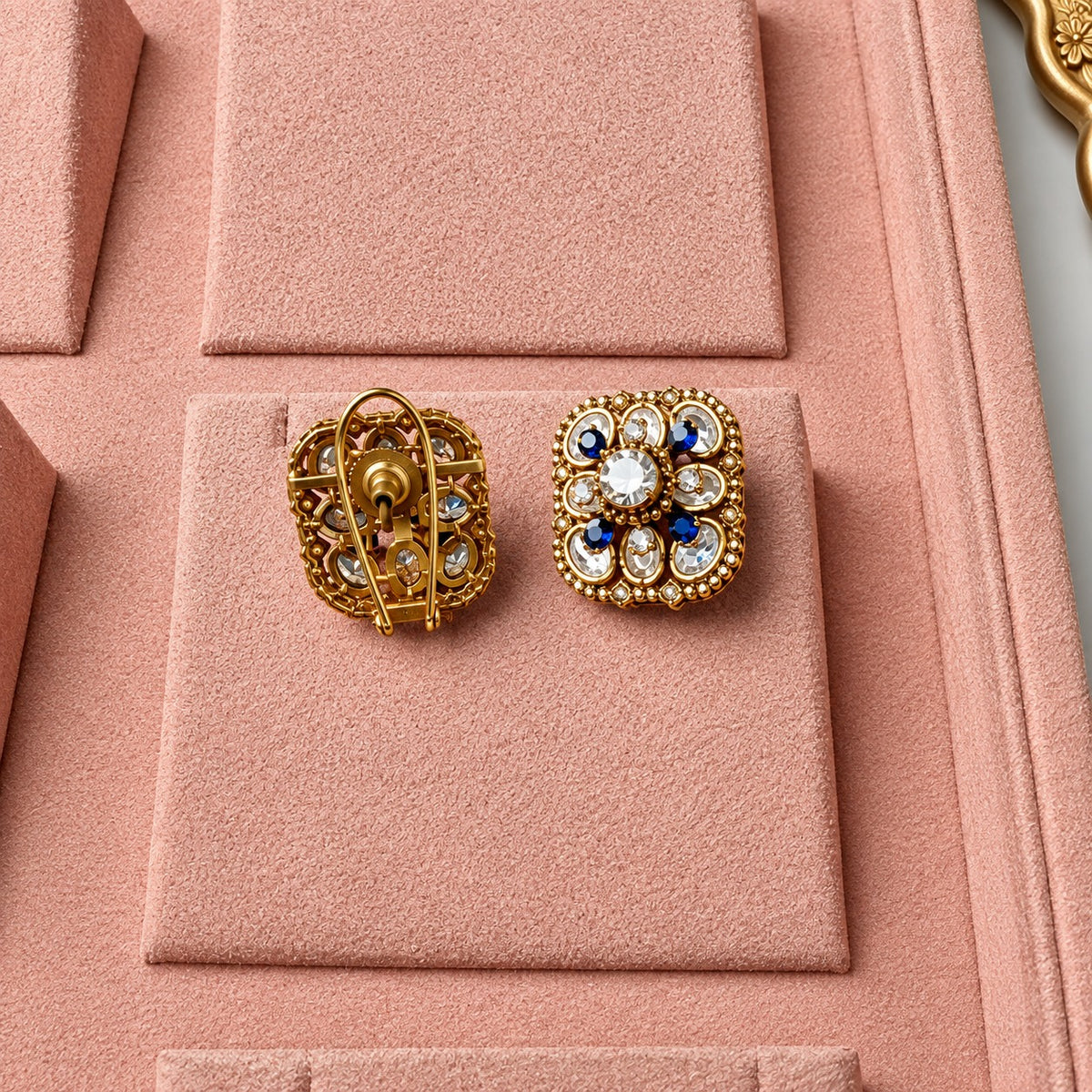 Neelam Blue Kundan Floral Stud Earrings