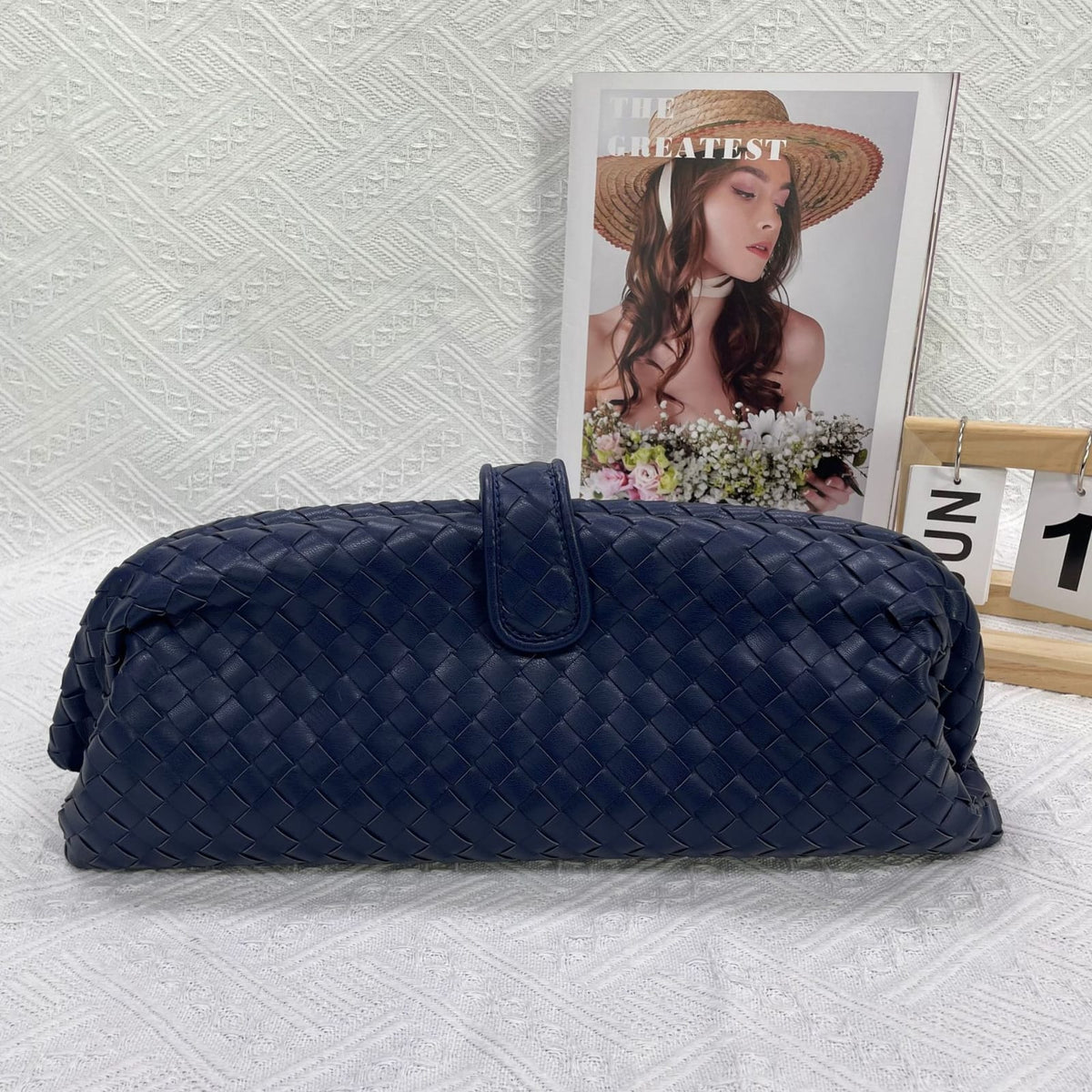Celeste Woven Vegan Leather Baguette Bag (Blue)