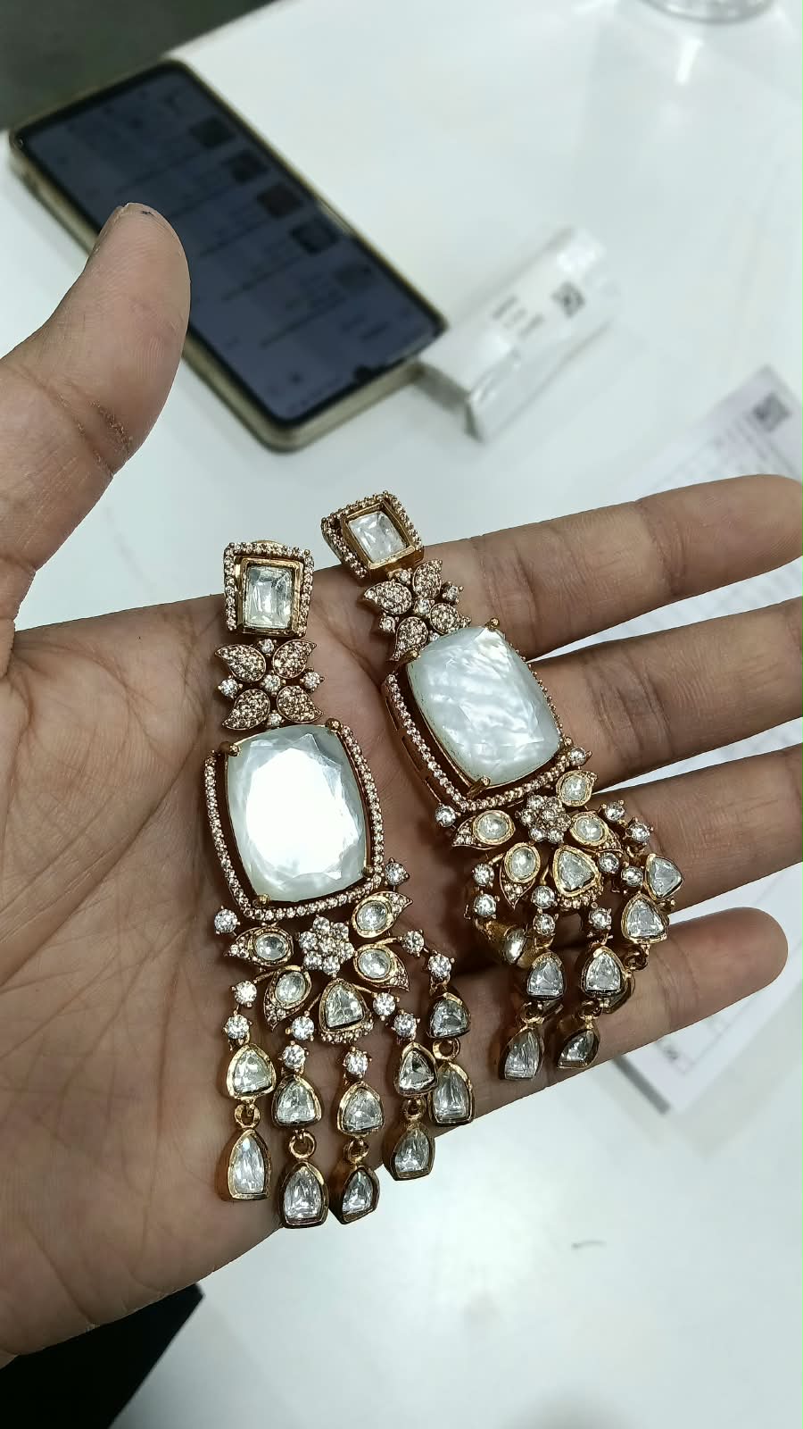 Mahira Long Moissanite Polki Indian Chandelier Earrings