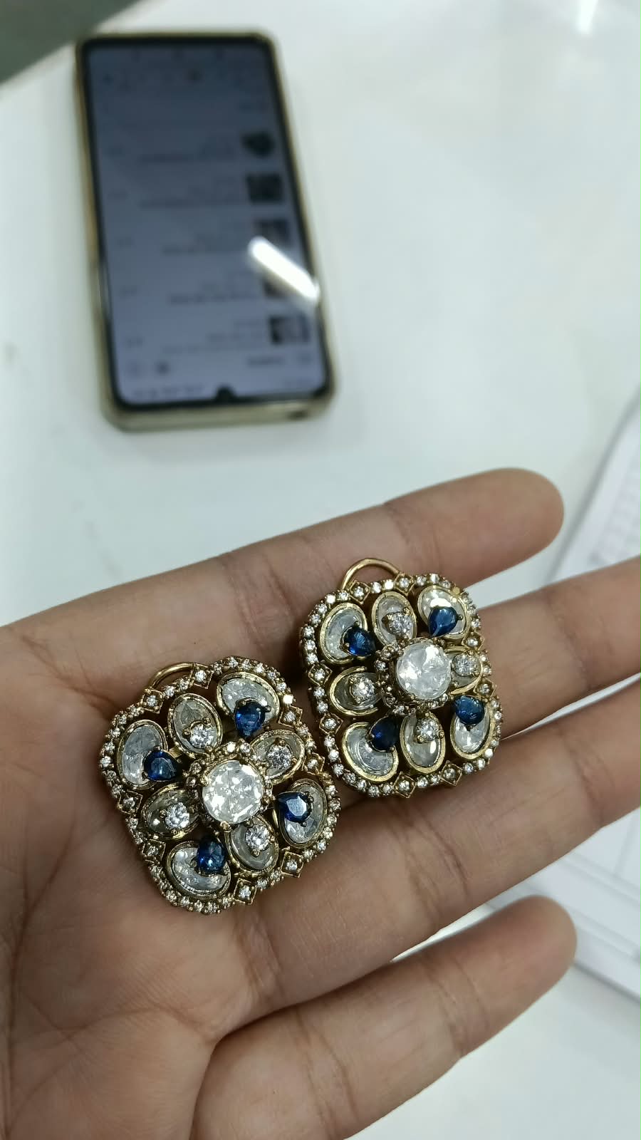 Neelam Blue Kundan Floral Stud Earrings