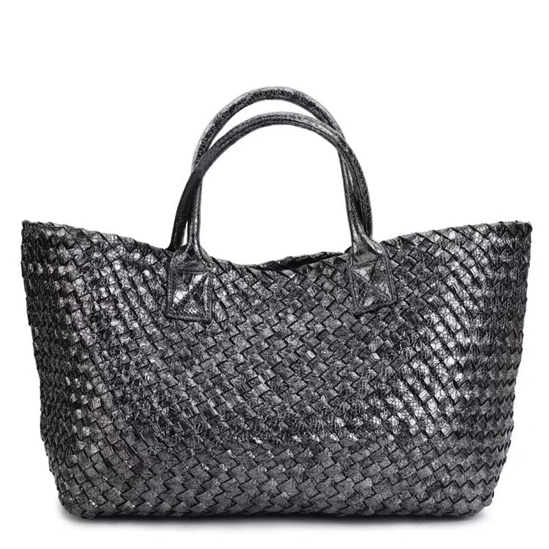 Janice Metallic Vegan leather Tote Handbag (Charcoal)