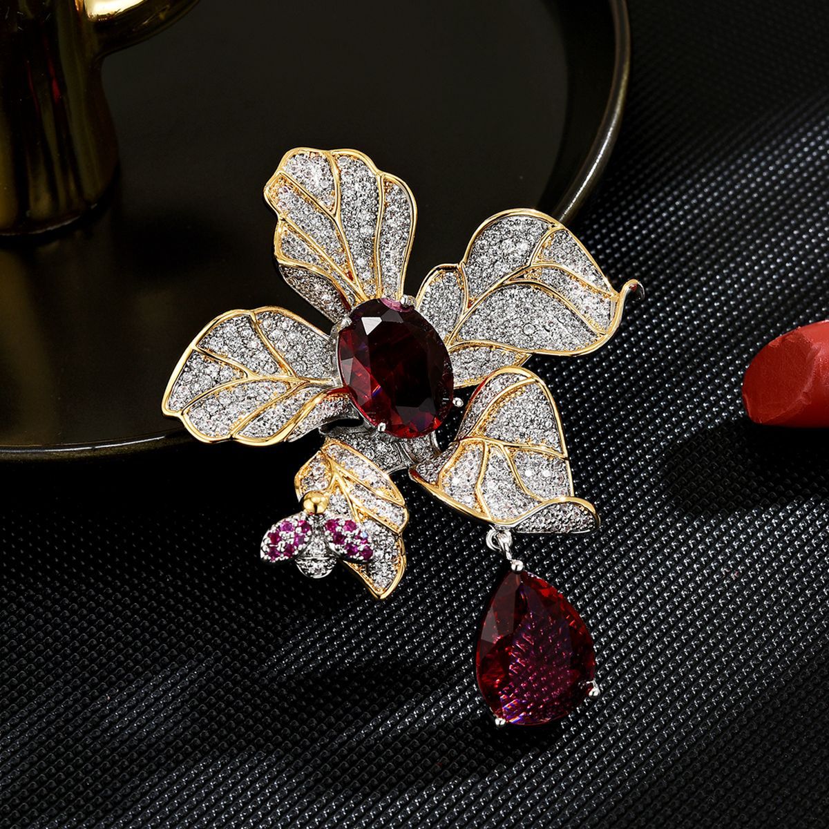 Ruby Flower Zirconia Brooch