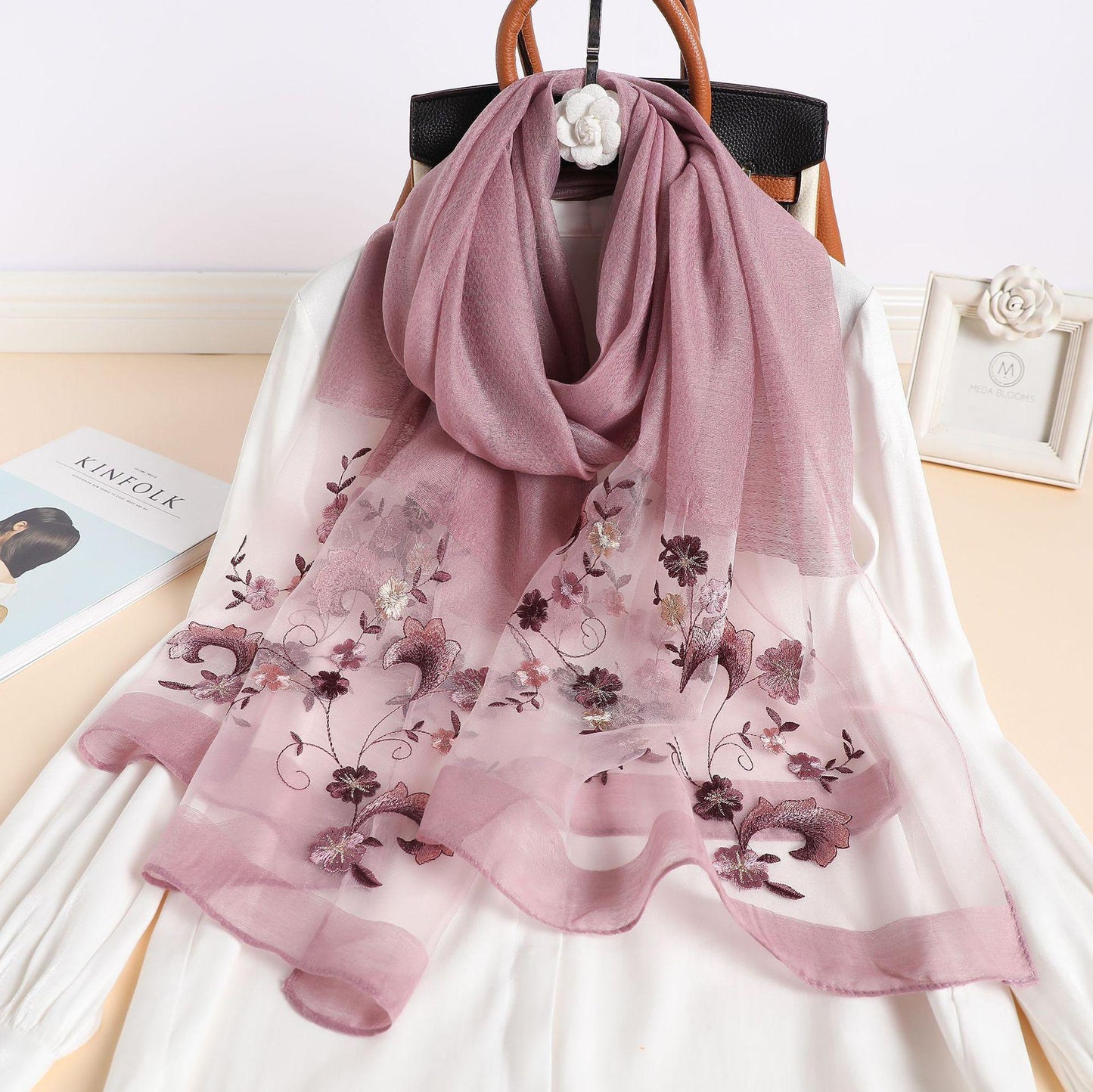 Patrician Periwinkle Embroidered Silk Stole
