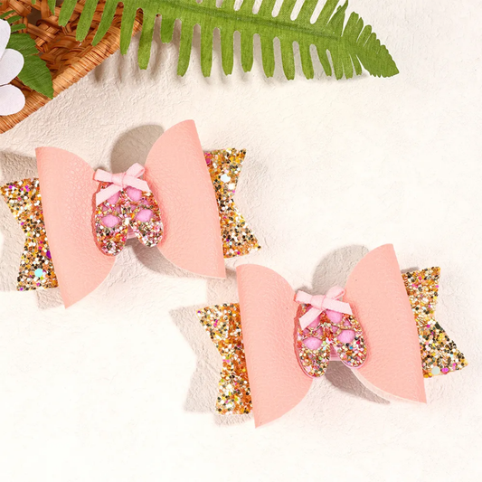 Pink Leather Bow Kids Side Pin (Set Of 2)