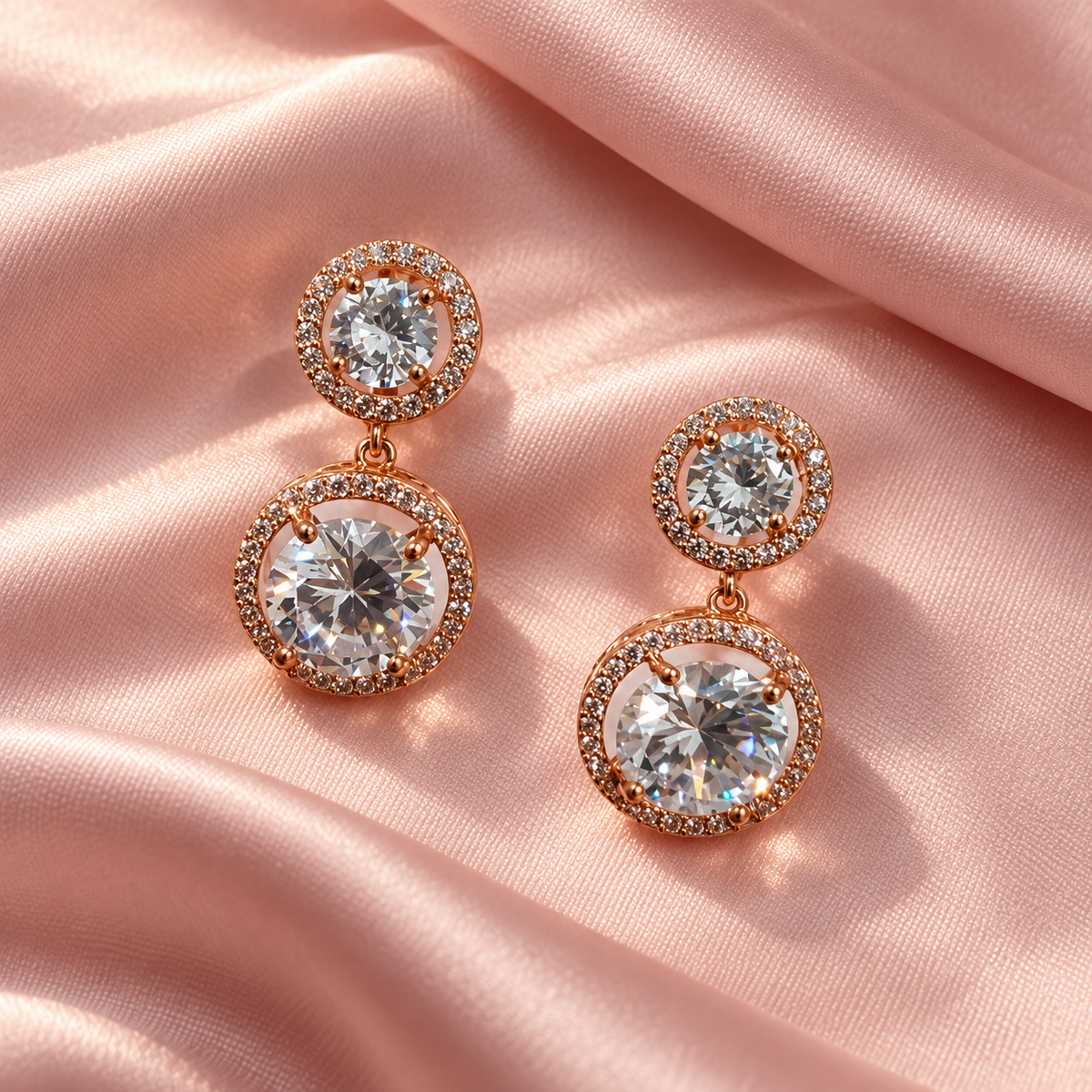 Roselia Double Halo Drop Earrings in a rose-gold-tone finish