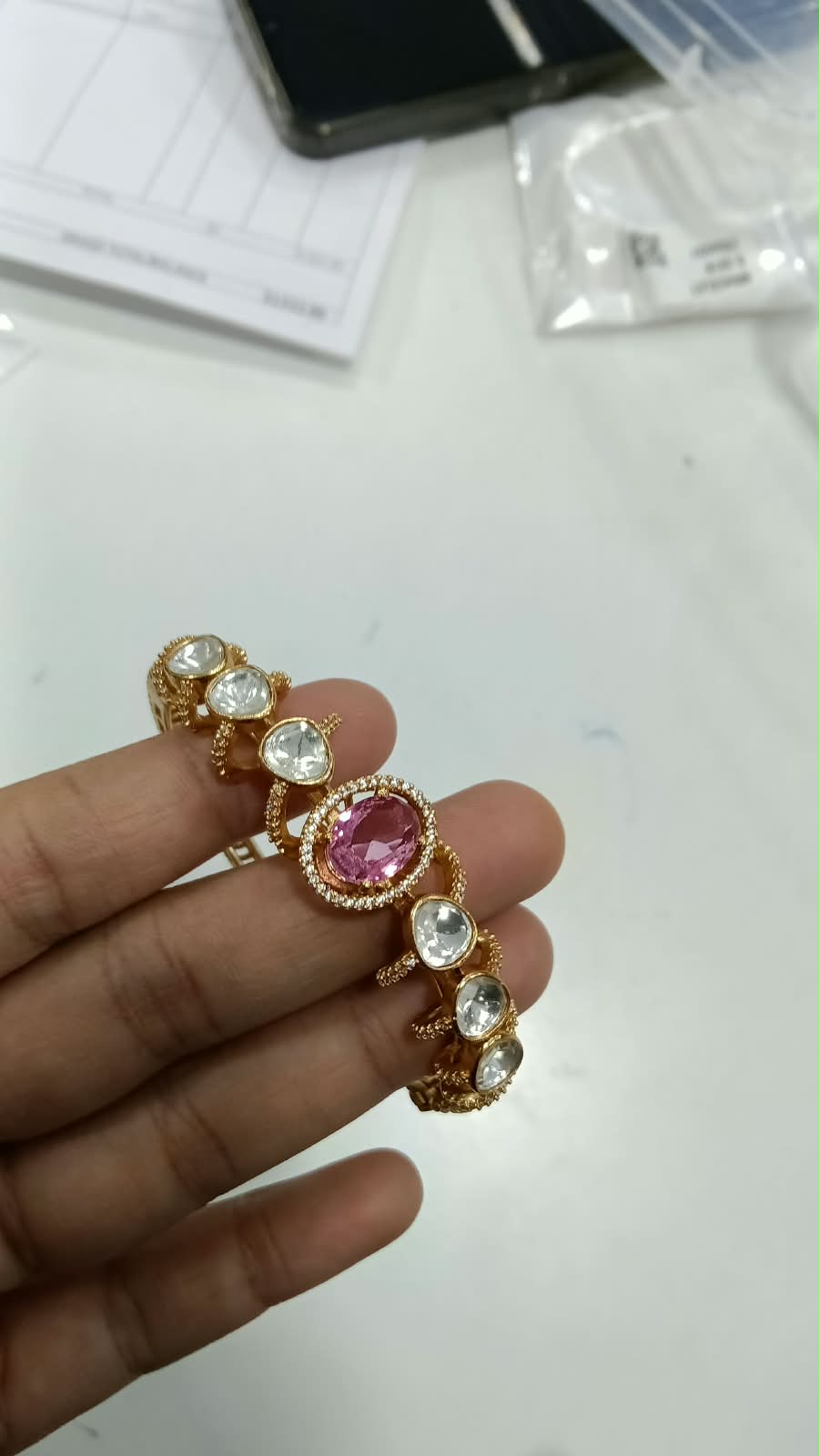Zariya Moissanite Uncut Polki Indian Bracelet - Pink