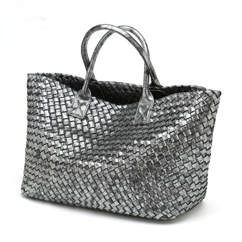 Janice Metallic Vegan leather Tote Handbag (Silver Grey)