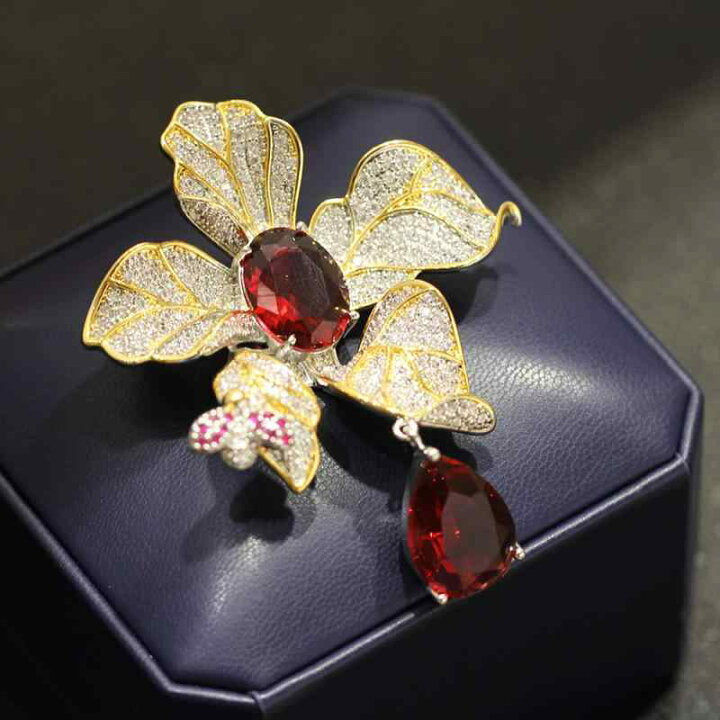 Ruby Flower Zirconia Brooch