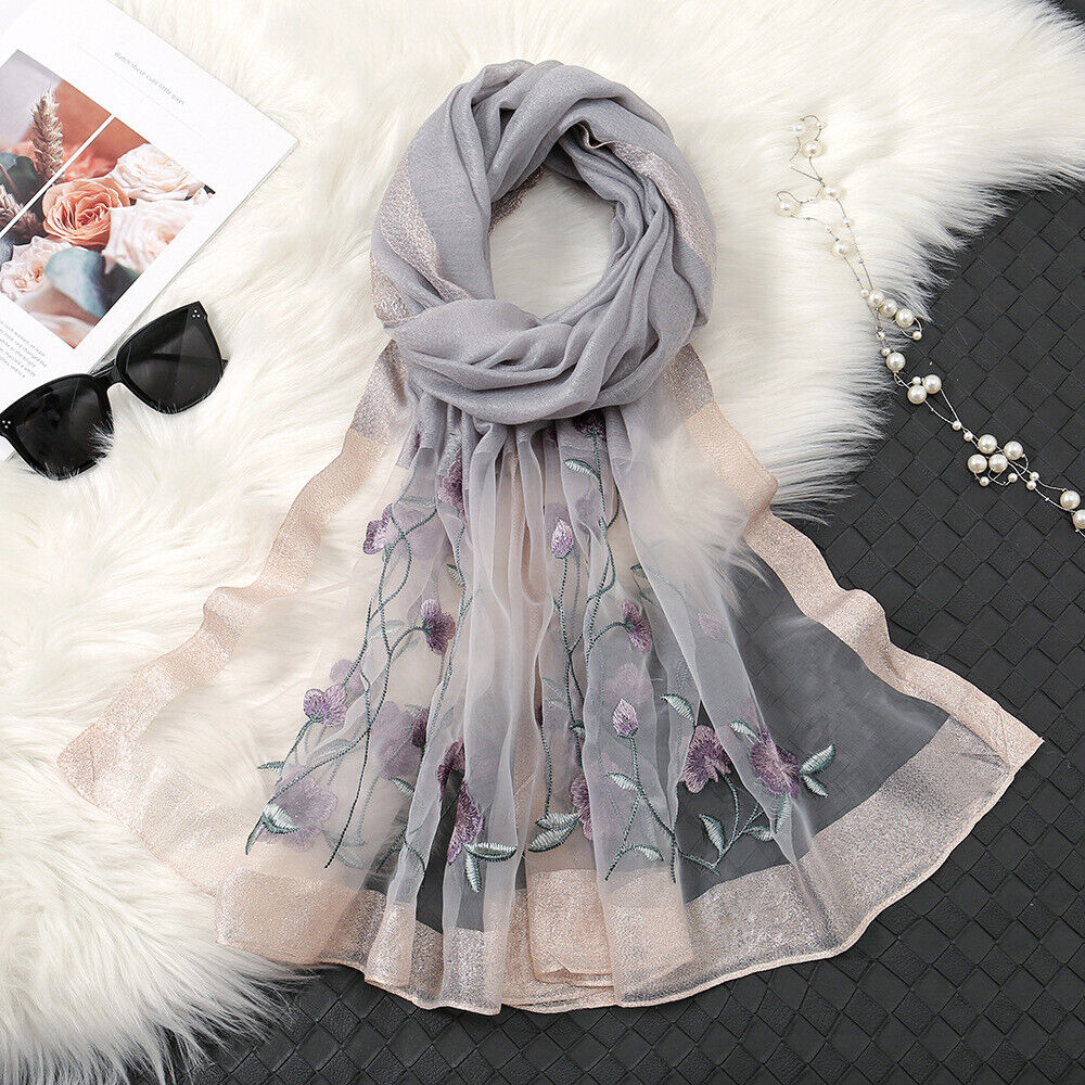 Noble Steel Embroidered Silk Stole
