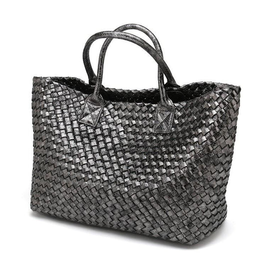 Janice Metallic Vegan leather Tote Handbag (Charcoal)