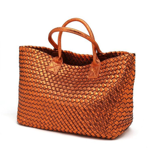 Janice Metallic Vegan leather Tote Handbag (Orange)