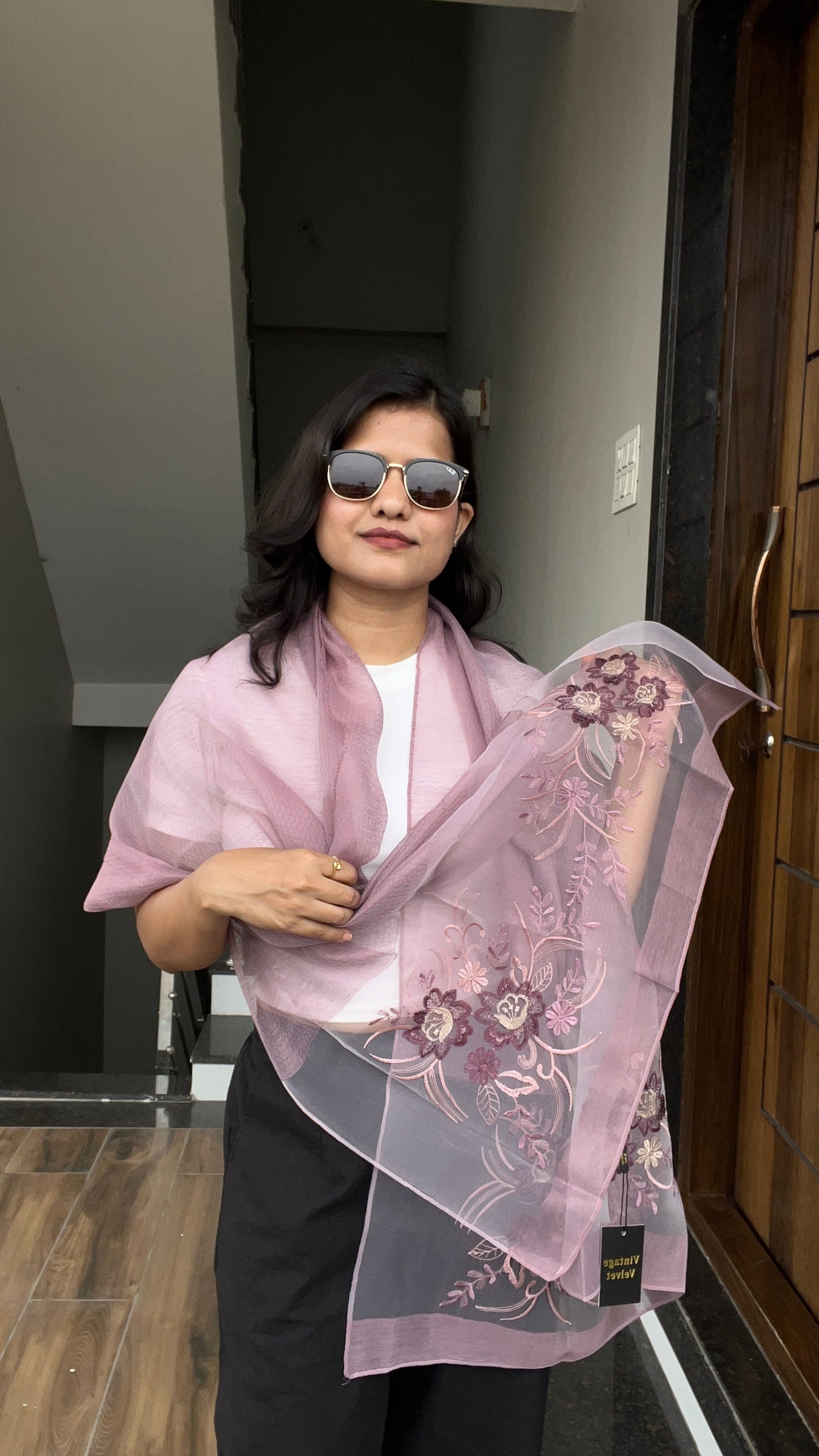 Flowery Periwinkle Embroidered Silk Stole