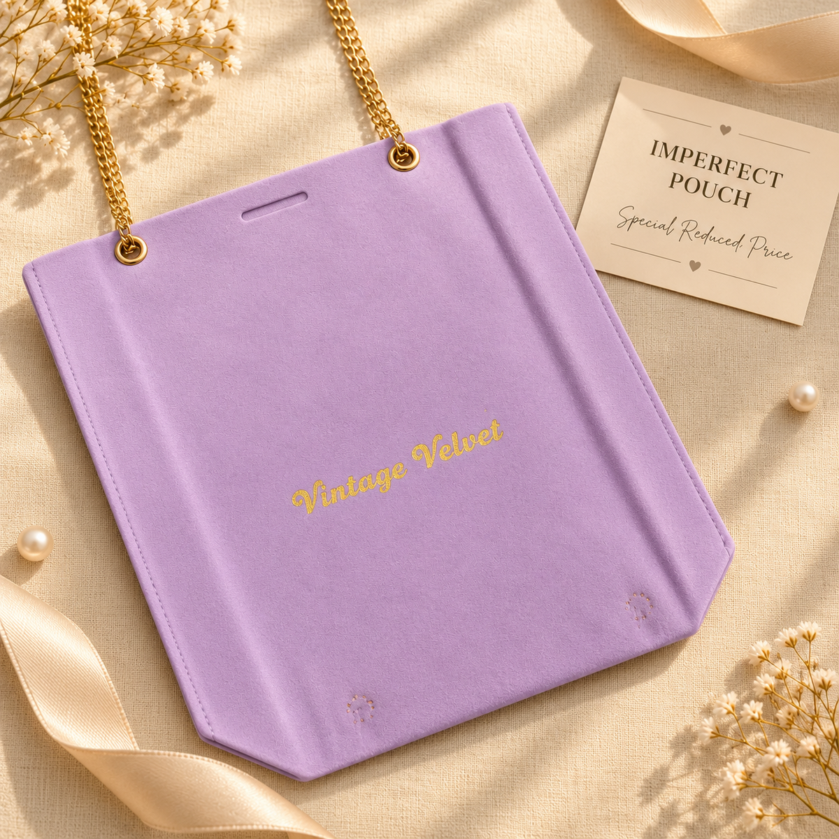 Vintage Velvet lilac suede gift bag – visible cosmetic imperfection