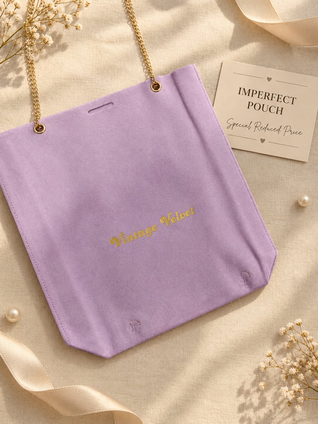 Lilac suede gift bag – visible cosmetic imperfection example