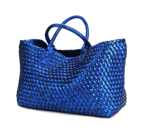 Janice Metallic Vegan leather Tote Handbag (Blue)