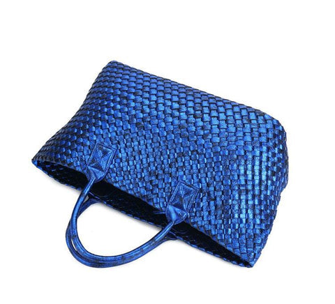 Janice Metallic Vegan leather Tote Handbag (Blue)