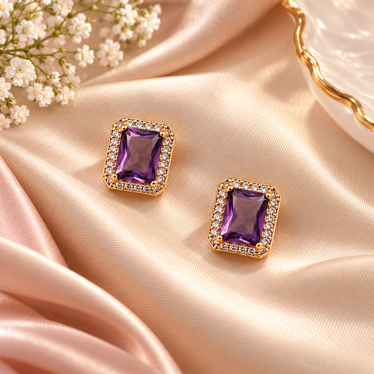 Violette Rectangle Halo Stud Earrings