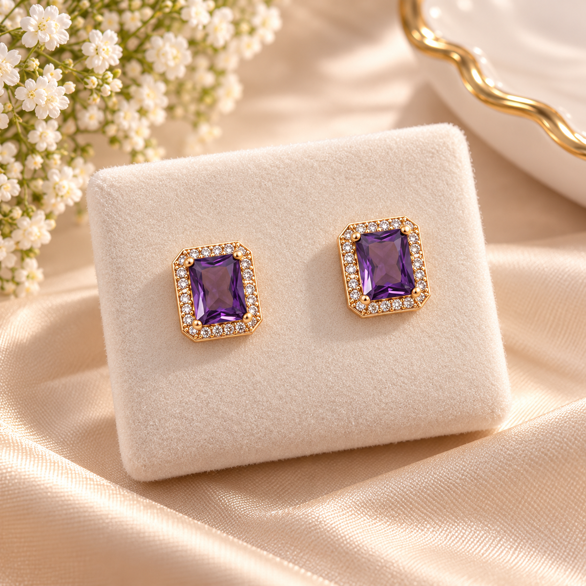 Violette Rectangle Halo Stud Earrings