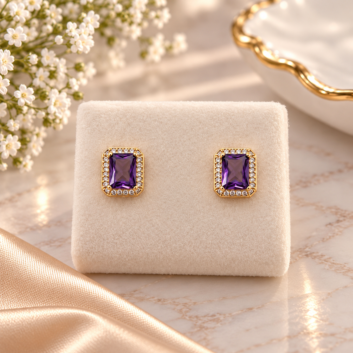 Violette Rectangle Halo Stud Earrings