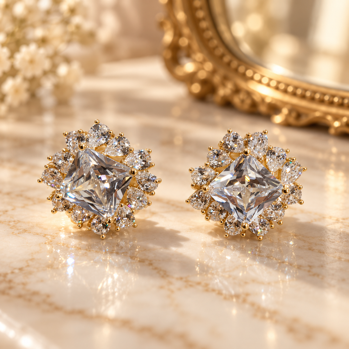 Stellora Square Halo Stud Earrings