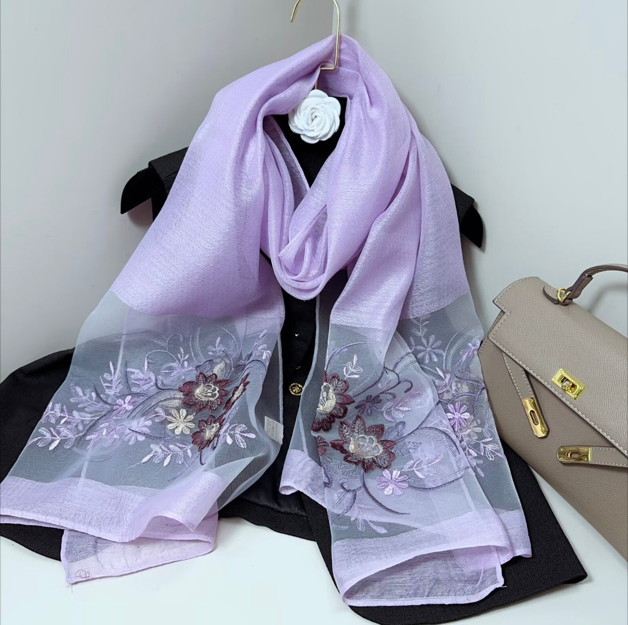 Flowery Lilac Embroidered Silk Stole